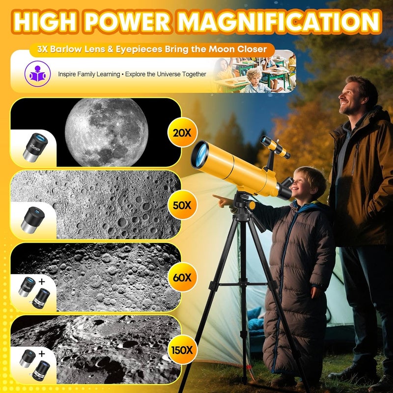 MEEZAA Telescope for Adults & Kids, 80mm Aperture 500mm Portable Refractor Telescope for Astronomy Beginners, Professional Travel Astronomical Telescopes with Tripod, Stickers, Phone Adapter, Backpack - Image 3